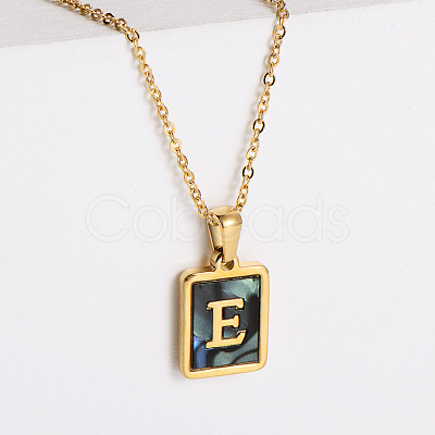 304 Stainless Steel Pave Natural Paua Shell Rectangle Initial Pendant Necklaces for Women FS-WG38E89-05-1