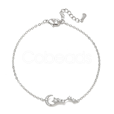 Brass Micro Pave Clear Cubic Zirconia Moon Star Link Bracelets KK-CBA6980-25P-1