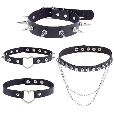 4Pcs 4 Styles Gothic Style Spiked Rivet Imitation Leather Chocker Necklaces NJEW-CL0001-19-1