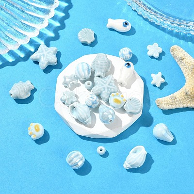 24Pcs 12 Styles Blue Color Theme Glazed Porcelain Beads PORC-YW0001-40-1