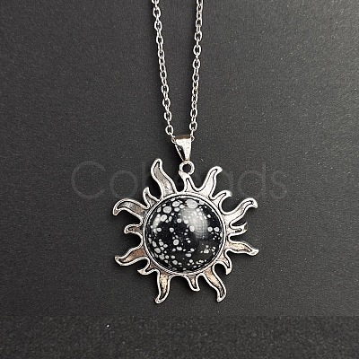 Natural Snowflake Obsidian Sun Pendant Alloy Chain Vintage Necklaces WB3716-10-1