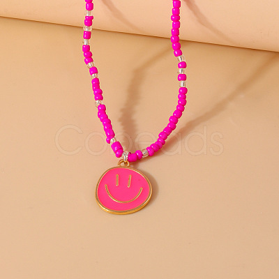 Alloy Enamel Smiling Face Pendant Glass Seed Beaded Necklaces for Women FS-WGD322E-07-1