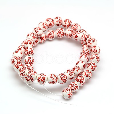 Handmade Flower Printed Porcelain Ceramic Beads Strands PORC-M006-8mm-14-1