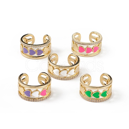 Enamel Heart Open Cuff Ring with Clear Cubic Zirconia RJEW-L100-027G-1