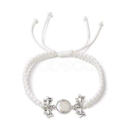 Flat Round Natural Pearl & Polyester Cord Braided Bracelets BJEW-JB10422-1