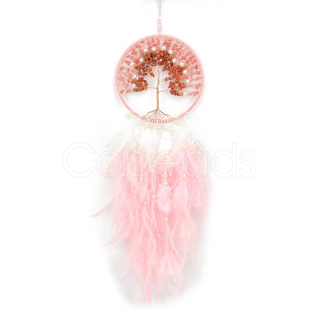Natural Carnelian & Synthetic Cherry Quartz Glass Tree of Life Hanging Ornaments PW-WG38540-05-1