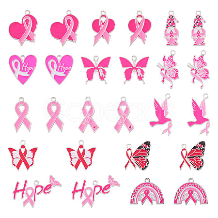 26Pcs 13 Styles Breast Cancer Pink Awareness Ribbon Theme Alloy Enamel Pendants ENAM-TA0001-93-1
