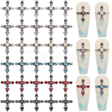 36Pcs 6 Styles Cross Alloy Rhinestone Cabochons MRMJ-CP0001-30B-1