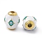 PVD Vacuum Plating 201 Stainless Steel Beads, with Enamel, Real 18K Gold Plated, Barrel with Evil Eye, White, 14.5x11x11mm, Hole: 3mm