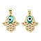 Brass Cubic Zirconia Pendants, with Lampwork, Real 18K Gold Plated, Hamsa Charm, Turquoise, 24x20.5x4mm, Hole: 5x3.5mm