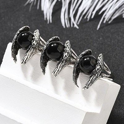 Natural Obsidian Wings Adjustable Rings RJEW-K241-04AS-09-1