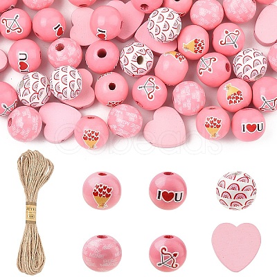 Valentine's Day 60Pcs Element Printed Wood Beads WOOD-YW0001-91-1