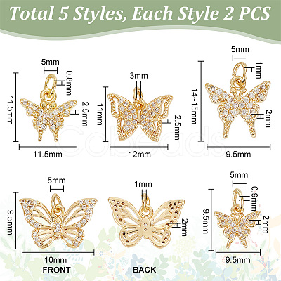 PandaHall Elite 10Pcs 5 Style Brass Micro Pave Clear Cubic Zirconia Charms KK-PH0006-04-1