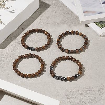 4Pcs 4 Style Natural Wenge Wood & Synthetic Hematite Beaded Stretch Bracelets Set for Women BJEW-JB09156-1