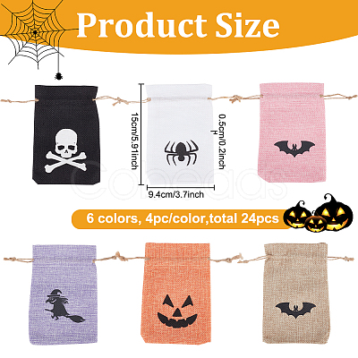 24Pcs 6 Colors Halloween Burlap Packing Pouches Drawstring Bags ABAG-BC0001-49-1