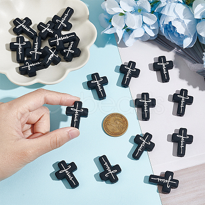 Olycraft 10Pcs Cross with Word Jesus Silicone Beads SIL-OC0001-21-1