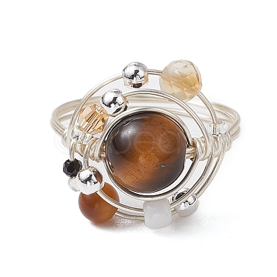 Planet Natural Amethyst & Tiger Eye & Citrine & Apatite & Green Aventurine Finger Rings RJEW-TA00165-1