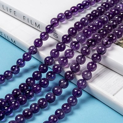 Natural Amethyst Round Bead Strands G-M304-18-6mm-1