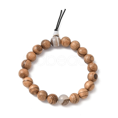 2Pcs 2 Styles Natural Striped Agate & Wood Round Beaded Stretch Bracelets Sets for Men Women BJEW-JB12347-1