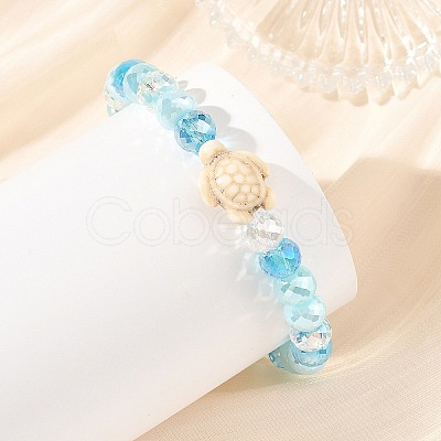 Ocean Dyed Synthetic Turquoise Sea Turtle Electroplate Glass Faceted Rondelle Beaded Stretch Bracelets for Women BJEW-JB14386-02-1