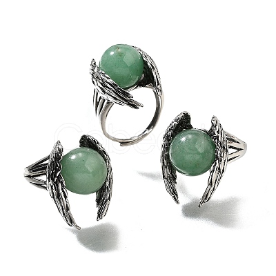 Natural Green Aventurine Wings Adjustable Rings RJEW-K241-04AS-12-1