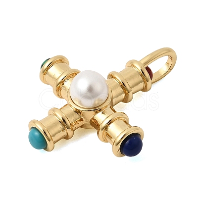 Brass with Synthetic Malachite & Turquoise and ABS Plastic Pearl Pendants KK-L267-02G-1