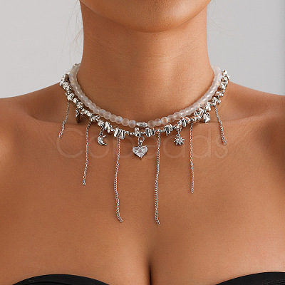 Alloy Pave Clear Cubic Zirconia and Glass Heart Star Moon Tassel 2-Strand Choker Necklaces for Women WGB35B4-01-1