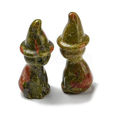 Natural Unakite Carved Healing Cat with Witch Hat Figurines DJEW-D012-07H-1