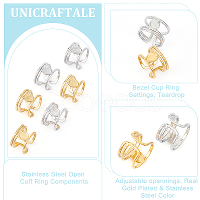 6Pcs 2 Colors 304 Stainless Steel Open Cuff Ring Components STAS-UN0056-76-1