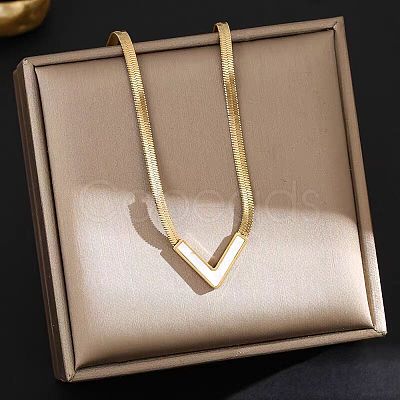 Letter V 304 Stainless Steel with Natural Shell Pendant Necklaces FS-WGFDEEC-02-1