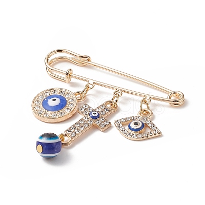Crystal Rhinestone Evil Eye Charms Safety Pin Brooch with Resin Beaded JEWB-BR00088-1