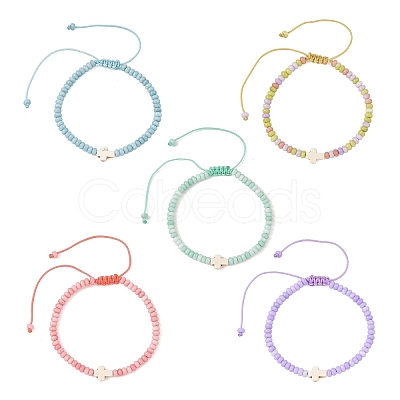 Adjustable Dyed Synthetic Turquoise Religion Cross & Ombre Effect Dyed Glass Rondelle Braided Bead Bracelets BJEW-JB14309-1