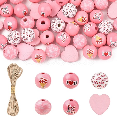 Valentine's Day 60Pcs Element Printed Wood Beads WOOD-YW0001-91-1