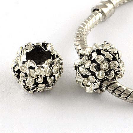 Antique Silver Plated Alloy Rhinestone Flower Large Hole European Beads X-MPDL-R041-04A-1