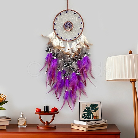 Natural Amethyst Chips & Woven Net/Web with Feather Hanging Ornaments HJEW-A013-03C-1