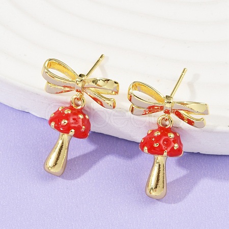 Mushroom with Bowknot Brass Enamel Dangle Stud Earrings EJEW-F895-25A-G-1