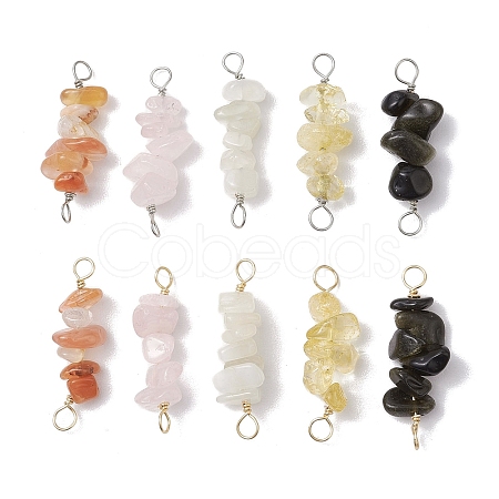 10Pcs 5 Styles Constellation Natural Rose Quartz & Citrine & Golden Sheen Obsidian & South Red Agate & White Moonstone Copper Wire Wrapped Chip Beaded Connector Charms PALLOY-JF02905-10-1