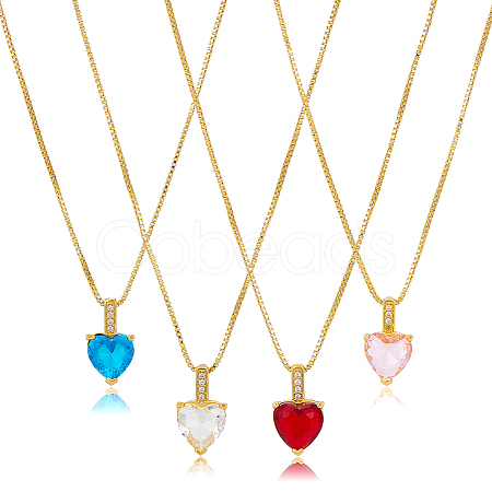 ANATTASOUL 4Pcs 4 Colors Cubic Zirconia Heart Pendant Necklaces Set with Golden Brass Box Chains NJEW-AN0001-78-1