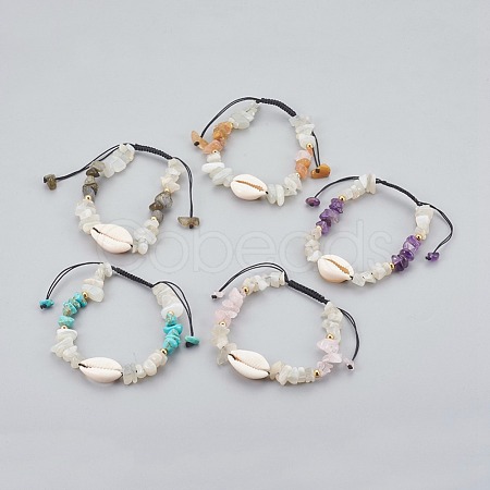 Natural/Synthetic Mixed Stone & White Moonstone Chip Braided Bead Bracelets BJEW-JB04080-1