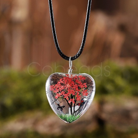Heart Glass with Dried Flower Tree Inner Pendant Black Waxed Cord Necklaces FS-WG87A6D-07-1