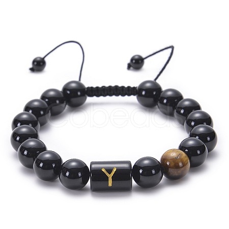 10MM Natural Black Onyx(Dyed & Heated) and Tiger Eye Alphabet Round Braided Bead Adjustable Bracelets for Women DM6424-25-1