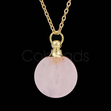 Natural Rose Quartz Flat Round Perfume Bottle Pendant Necklaces PW-WGD45C6-05-1