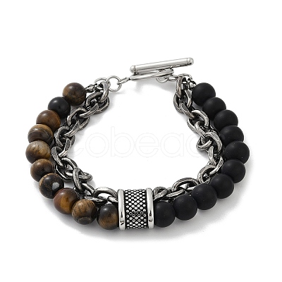 Natural Round Tiger Eye & Frosted Black Bead Bracelets BJEW-M081-01B-1