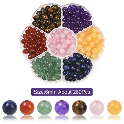 280Pcs 7 Styles Natural Green Aventurine & Lapis Lazuli & Rose Quartz & Carnelian & Tiger Eye & Malaysia Jade & Yellow Jade Round Beads G-YW0002-61C-1
