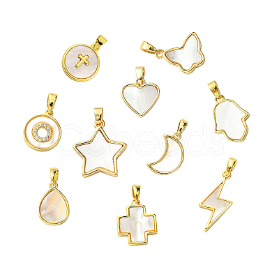 10Pcs 10 Styles Brass Pave Natural White Shell Pendants KK-CJ0002-56-1