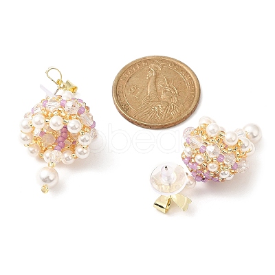 Naturla Shell Pearl Bell with Alloy Bowknot Dangle Stud Earrings EJEW-MZ00089-1