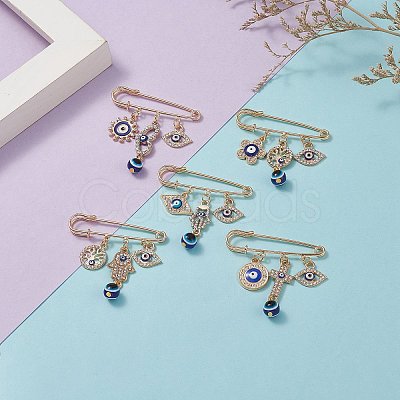Crystal Rhinestone Evil Eye Charms Safety Pin Brooch with Resin Beaded JEWB-BR00088-1