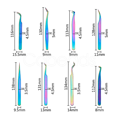 8Pcs 8 Styles 430 Stainless Steel Eyelash Tweezers Clips TOOL-FH0001-57-1