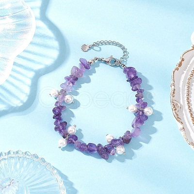 Natural Amethyst Chip & Glass Shell Round Beaded Bracelets BJEW-JB12303-02-1
