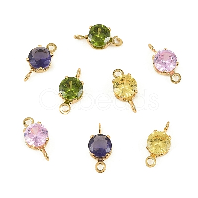 Brass Pave Cubic Zirconia Flat Round Connector Charms KK-P347-01G-1
